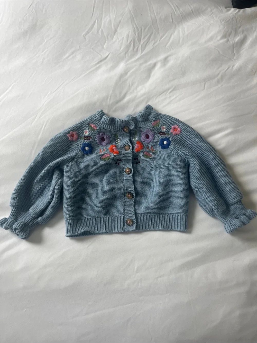 Mini Boden Light Blue Knit Cardigan with Multicolored Floral Embroidery
